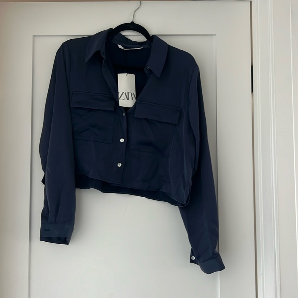 Zara Navy Satin Long Sleeve Button Down Crop L